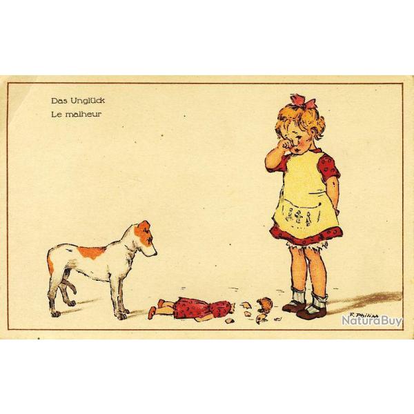 CPA illustre PHILIPP F. Le malheur Petite fille poupe casse et son chien