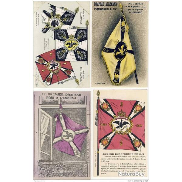 Lot de 4 CPA Drapeaux Allemands pris par les Franais Guerre 1914-18