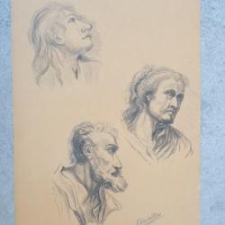 Dessin original F. HOSTETTLER Femme Vieil Homme &Eacute;tude Visage Portrait