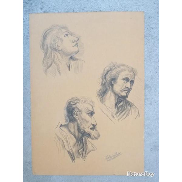 Dessin original F. HOSTETTLER Femme Vieil Homme �tude Visage Portrait