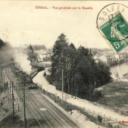 CPA 88 VOSGES Epinal Vue g&eacute;n&eacute;rale sur la Moselle Chemin de fer train