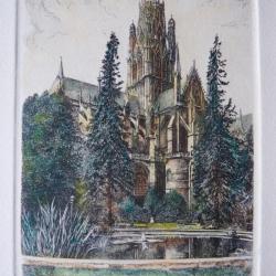 Ancienne Gravure Eau Forte Robin Rouen Église St Ouen