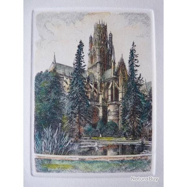 Ancienne Gravure Eau Forte Robin Rouen glise St Ouen