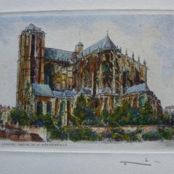 Ancienne Gravure Eau Forte Robin Le Mans Cathédrale