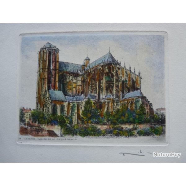 Ancienne Gravure Eau Forte Robin Le Mans Cathdrale