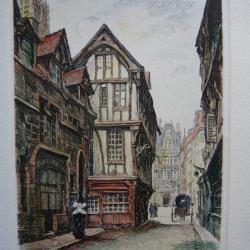 Ancienne Gravure Eau Forte Robin Rouen Vieilles maisons