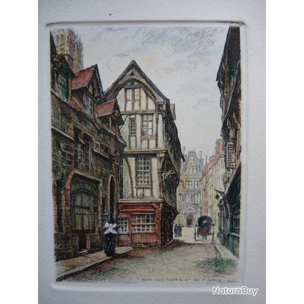 Ancienne Gravure Eau Forte Robin Rouen Vieilles maisons