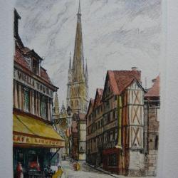 Ancienne Gravure Eau Forte Robin Rouen Rue Épicerie