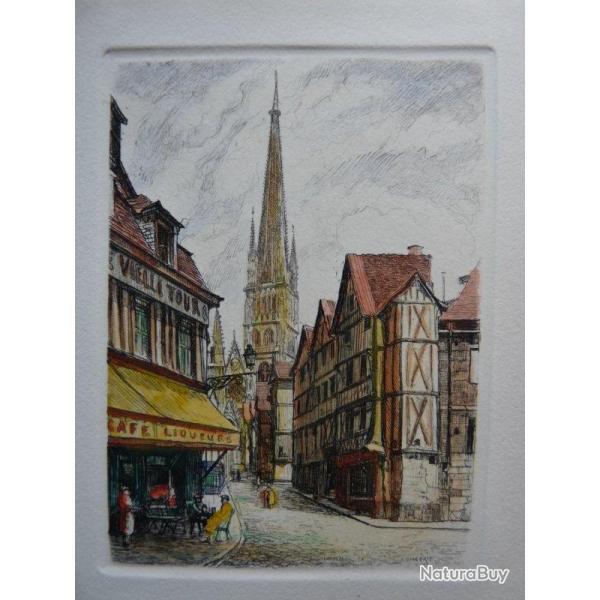 Ancienne Gravure Eau Forte Robin Rouen Rue picerie