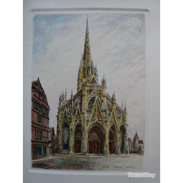 Ancienne Gravure Eau Forte Robin Rouen glise