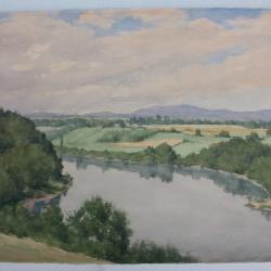 Tableau Peinture signé MV Paysage Bord de rivière