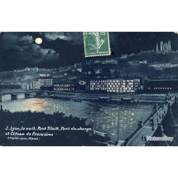 CPA 69 RHONE LYON La nuit Pont Tilsitt du Change