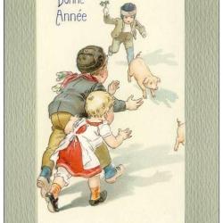 CPA Bonne Ann&eacute;e illustr&eacute;e en relief enfant cochon