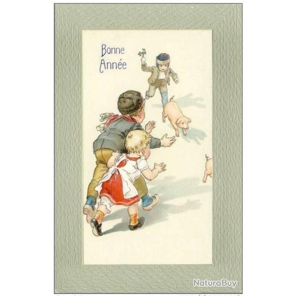 CPA Bonne Ann�e illustr�e en relief enfant cochon