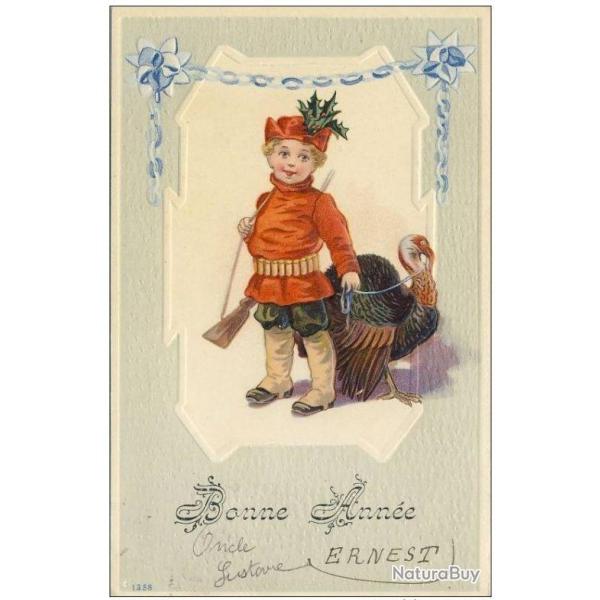 CPA Bonne Ann�e illustr�e en relief enfant dindon 1911