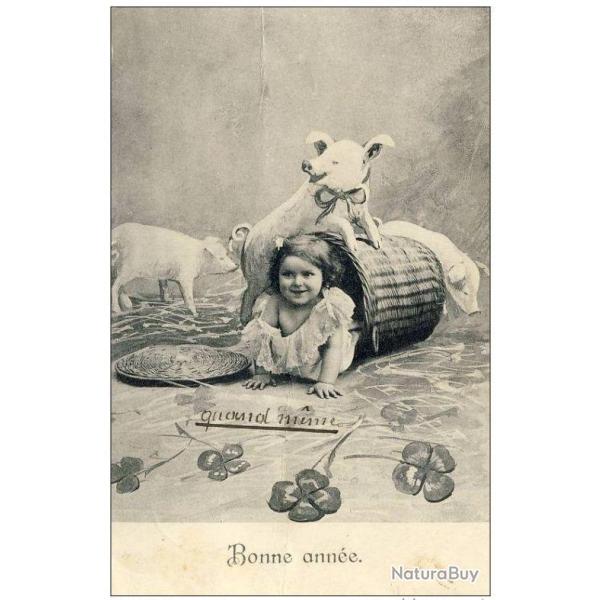 CP Bonne Ann�e enfant cochon chance 1907