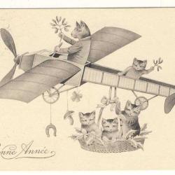 CPA illustr&eacute;e Bonne Ann&eacute;e Avion Chat Chance Tr&egrave;fle