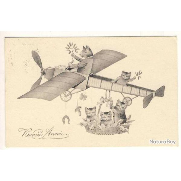 CPA illustr�e Bonne Ann�e Avion Chat Chance Tr�fle