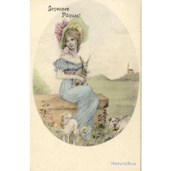 CPA illustr�e SMITH Joyeuses P�ques mouton lapin