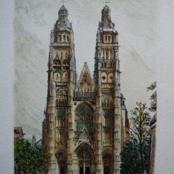 Ancienne Gravure Eau Forte Robin Tours Cathédrale