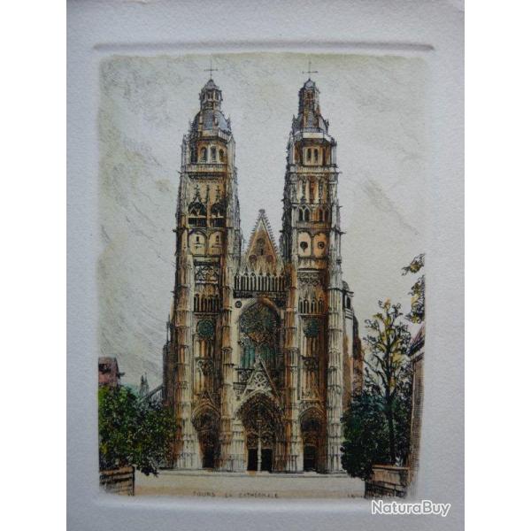 Ancienne Gravure Eau Forte Robin Tours Cathdrale