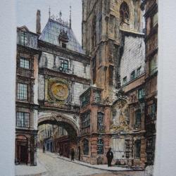 Ancienne Gravure Eau Forte Robin Rouen Horloge