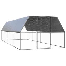 Poulailler enclos cage poules d'ext&eacute;rieur 3 x 8 x 2 m acier galvanis&eacute; Argent 02_0044018