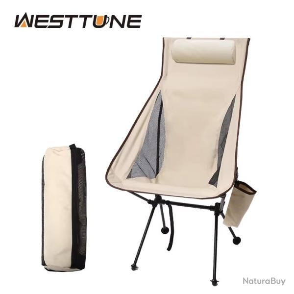 CHAISE PLIANTE DE CAMPING PECHE PORTABLE AVEC APPUIE TETE BEIGE