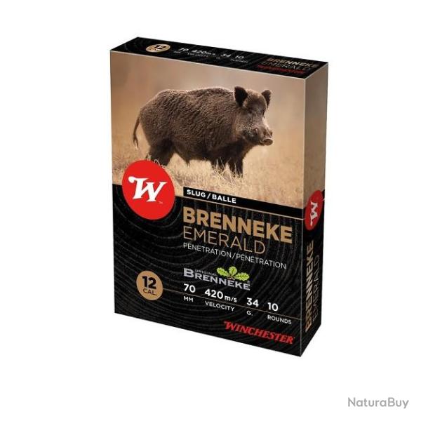 CARTOUCHES BALLES WINCHESTER 12/70 BRENNEKE EMERALD 34GR X10