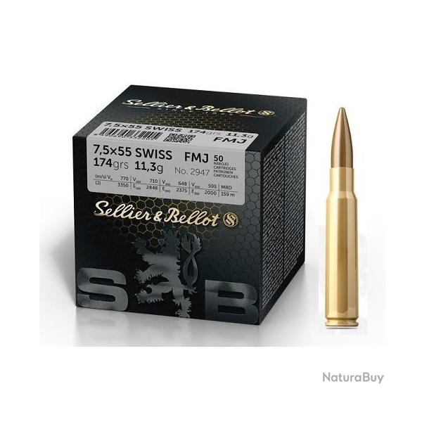 Munitions Sellier & Bellot 7.5x55 Swiss FMJ x50