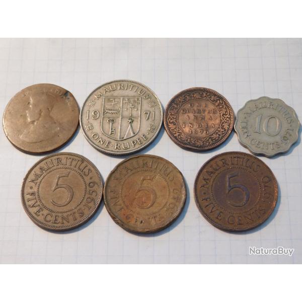 LOT PIECES monnaie INDES UK rupee MAURITIUS cents ELISABETH quarter ANNA INDIA 1876 GEORGES colonie