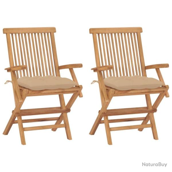 Chaises de jardin avec coussins beige lot de 2 Bois teck massif