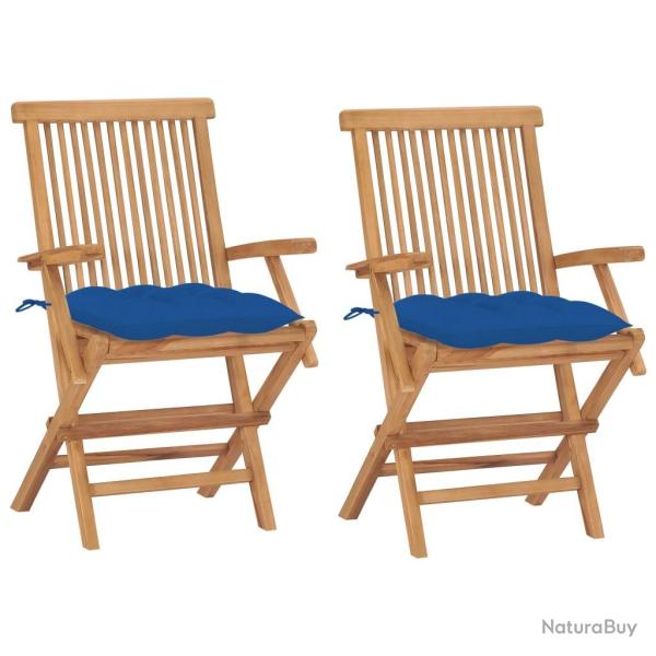 Chaises de jardin avec coussins bleu lot de 2 Bois teck massif