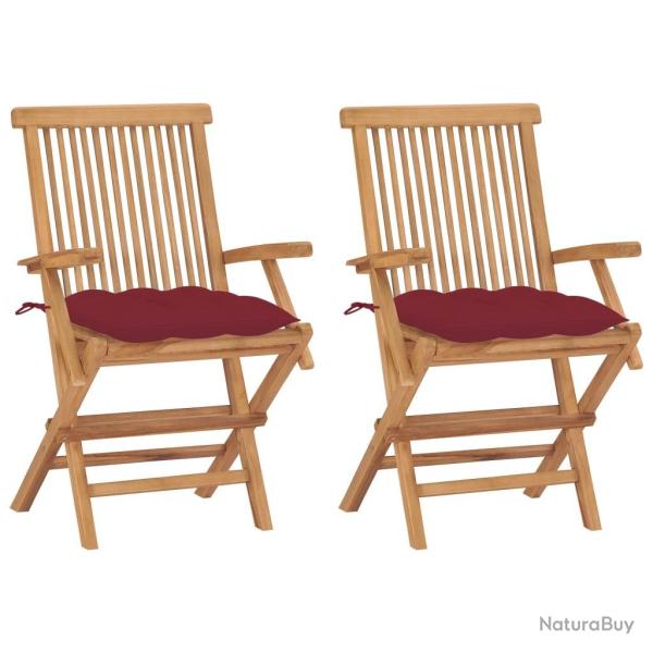 Chaises de jardin coussins rouge bordeaux lot de 2 Teck massif