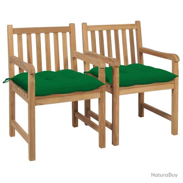 Chaises de jardin lot de 2 et coussins vert Bois de teck massif