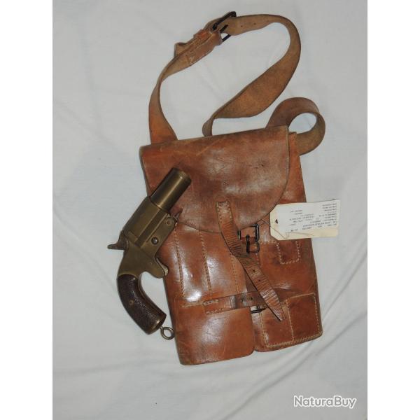 RARE SACOCHE CUIR TRANSPORT PISTOLET LANCE FUSEES 1918  #.7 b