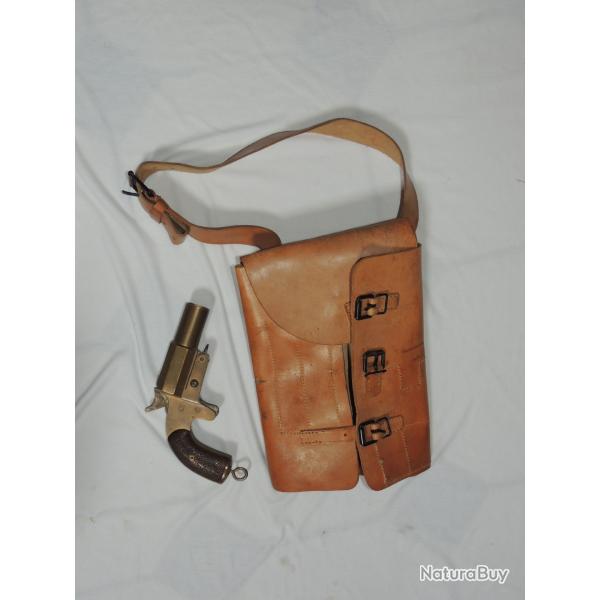 RARE SACOCHE CUIR TRANSPORT PISTOLET LANCE FUSEES 1918  #.8 a