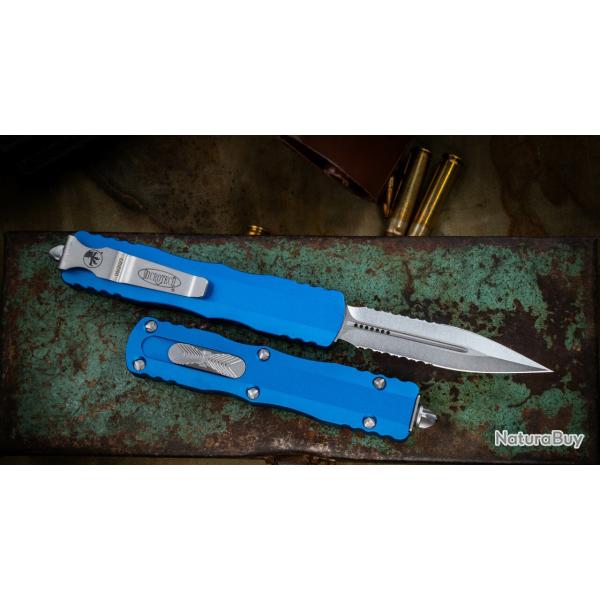 Couteau Automatique OTF Microtech Dirac D/E Serrated Bleu Lame Dague M390 Manche Alu Clip MCT22511BL
