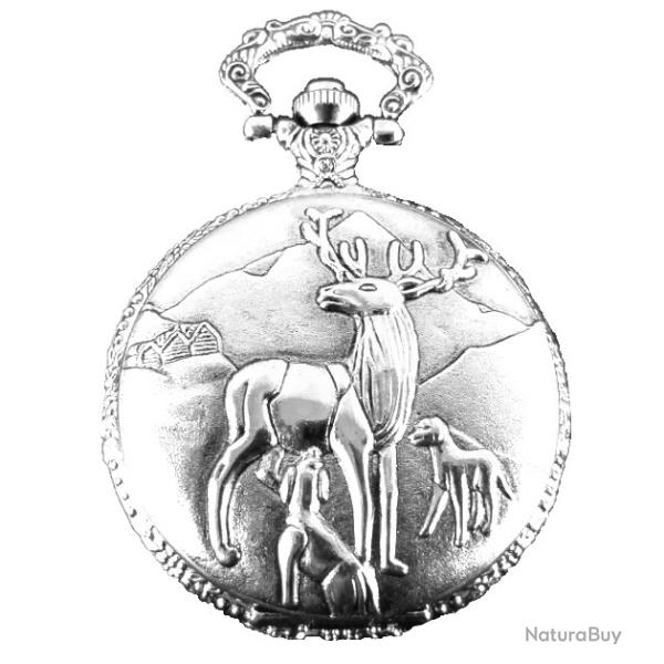 Montre  Gousset - Motif Cerf et Chien  - Coloris Argent Brillant