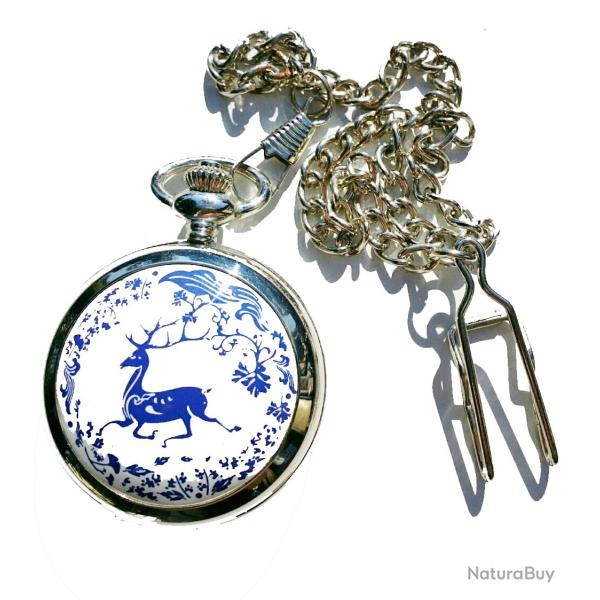 Montre � Gousset - Motif Cerf Antique Bleu sur fond blanc - Coloris Argent� Brillant