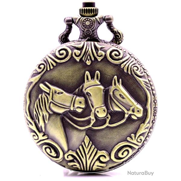 Montre � Gousset - Motif 3 t�tes de chevaux  - Coloris Vieux bronze
