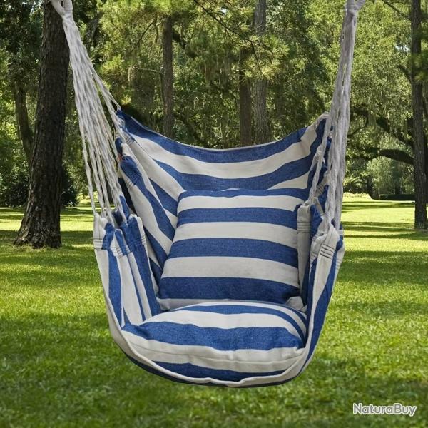 CHAISE HAMAC D'EXTERIEUR ET INTERIEUR EN TOILE BALANCOIRE SUSPENDUE COULEUR BLEUE ET BLANCHE NEUF