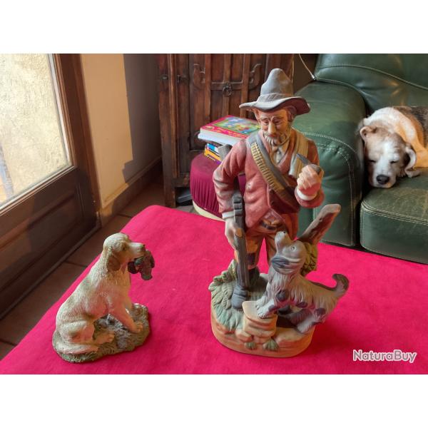 Lot de deux statuettes, chasseur et son chien, pas de prix de r�serve