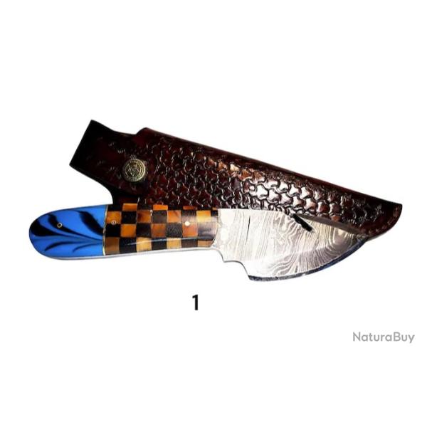 1. couteau � d�pecer artisanal, lame en acier damas, manche en bois exotique et r�sine et �tui cuir