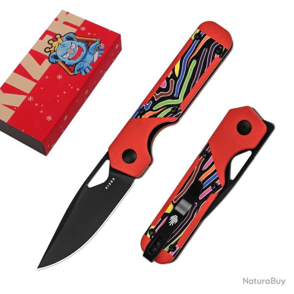 Couteau Kizer Mini Militaw Red/Rainbow Lame Acier Nitro-V Manche G10 Liner Lock Clip KIV3634SA2