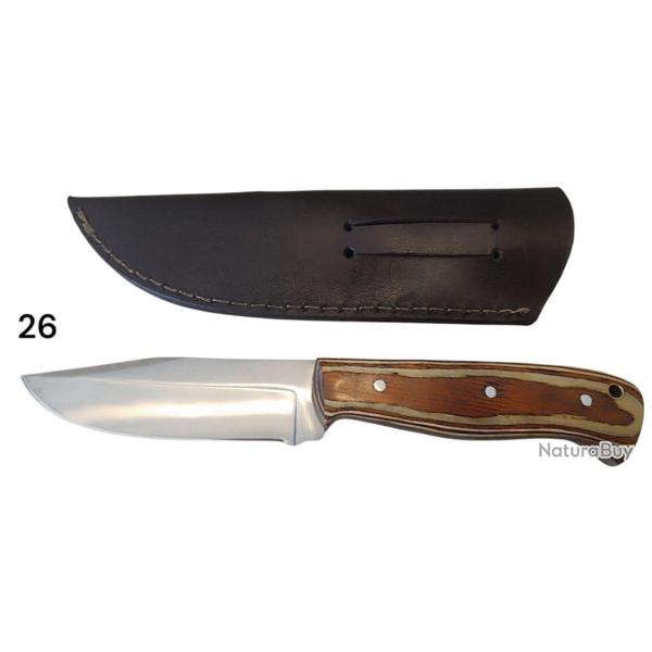 26.*Couteau Carbone Lame Drop Point - Manche en Bois Lamin�, �tui Cuir sur Mesure