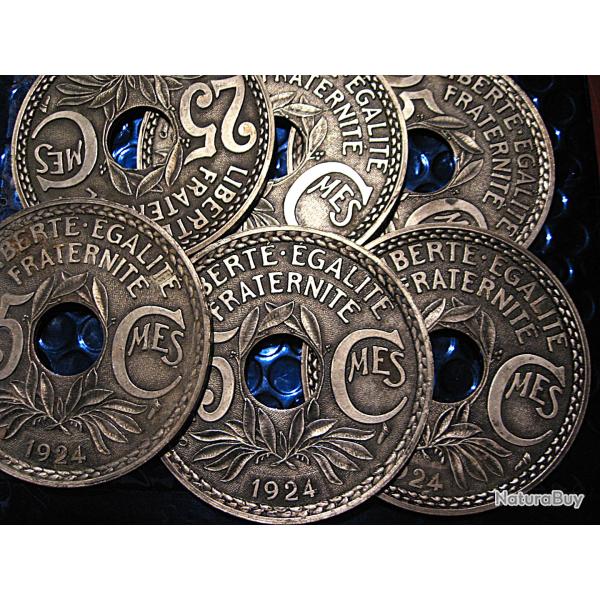 6 dessous de verre 25 centimes 1924  diametre 80 mm alu revers feutrine