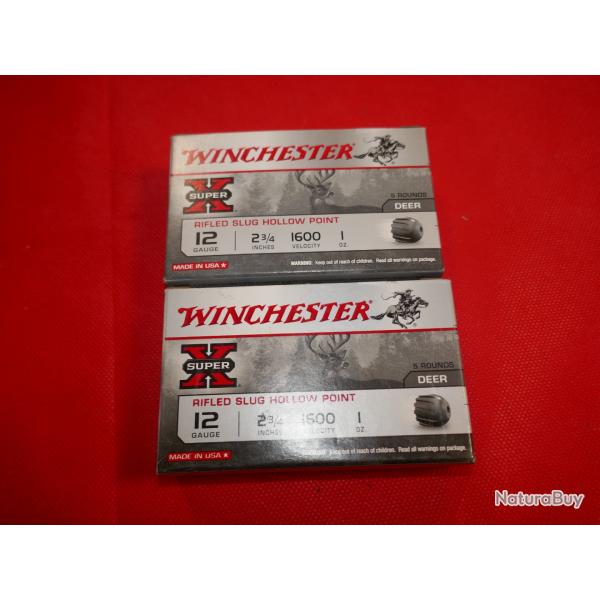 Lot de 2 boites de SLUG HOLLOW POINT WINCHESTER soit 10 cartouches en 12/70