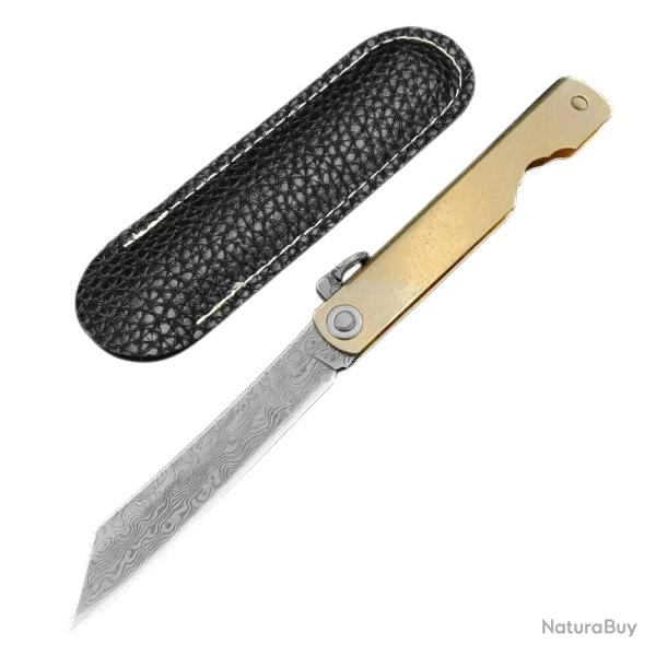 Couteau Pliant Higonokami Style Damas (Laser) - Manche Dor� en Cuivre, Compact et �l�gant EDC