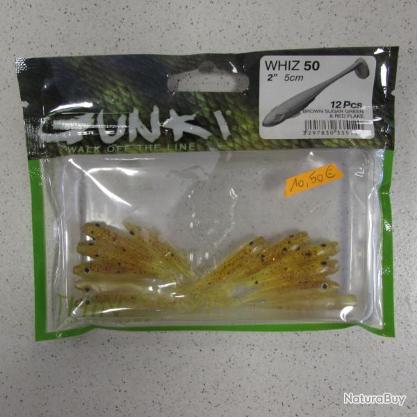 Leurre souple GUNKI, mod�le WHIZ 50, 5 cm,brown sugar green & red flake, sachet de 12 pi�ces